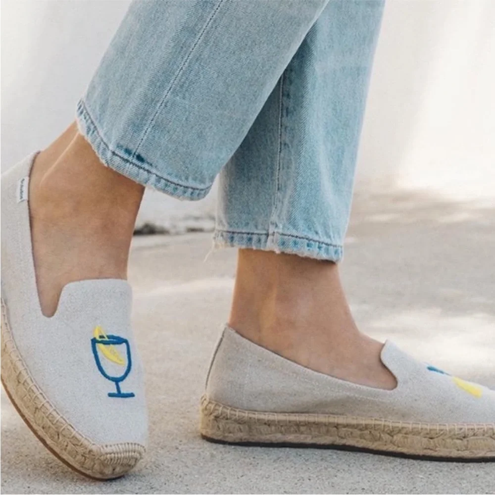 Soludos Limoncello Smoking Espadrille In Sand/Tan “Le Citron” Embroidery SZ 6